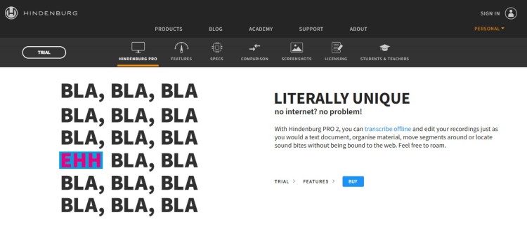Hindenburg Pro interface showcasing offline transcription features for editing and recording podcasts professionally