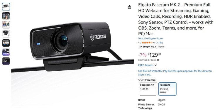 Elgato Facecam MK.2 premium webcam with Sony sensor and HDR support, shown as a high-quality camera for podcasting, streaming, and professional video calls.