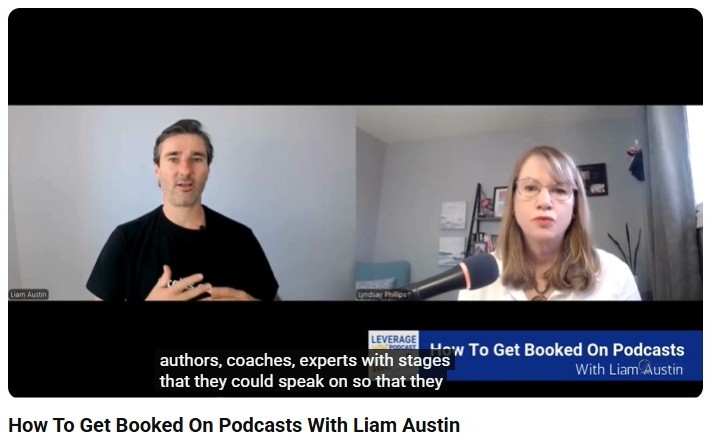 Engaging podcast interview showing Liam Austin speaking with a guest on how to get booked on podcasts, recorded in a remote video conversation.
