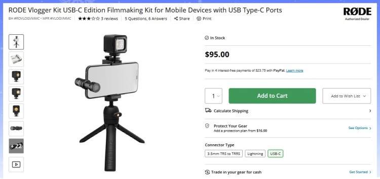RODE Vlogger Kit for mobile recording showing an equipment bundle includes microphone, LED light, tripod, phone mount, and USB-C connectivity.