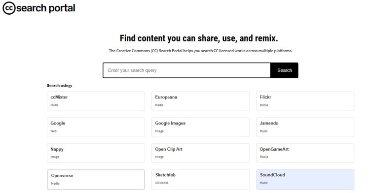 Creative Commons search portal showing licensed media you can use in your podcast across multiple platforms
