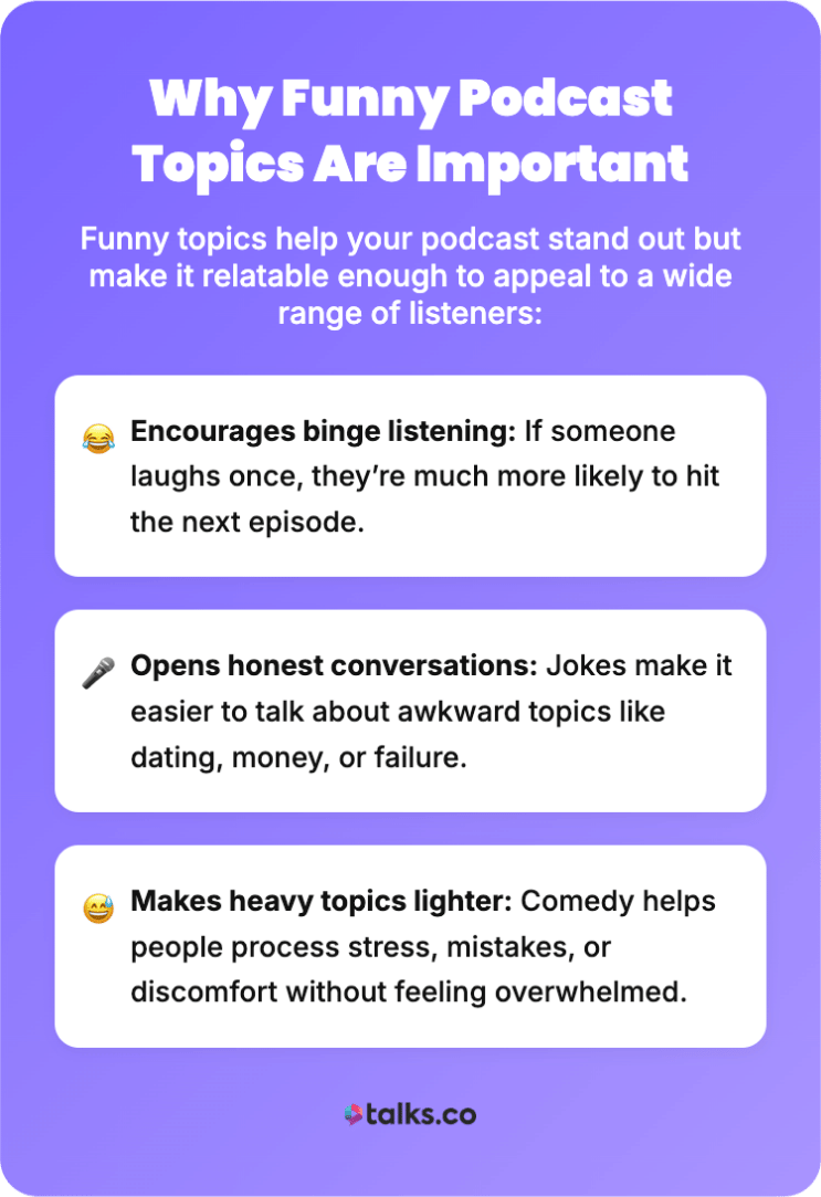 Visual explaining why funny podcast topics matter, offering insight into how humor boosts engagement, honesty, and listener retention.