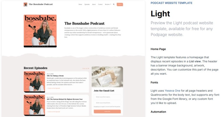 Light podcast website template tailored for creators, showing the Bossbabe Podcast homepage with recent episodes and email signup.