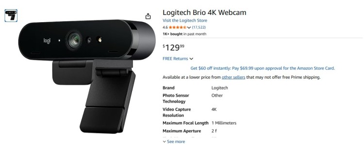 Logitech Brio 4K webcam shown on a product page, featuring ultra HD video quality and autofocus, often considered the best webcam for podcasting and professional video recording.