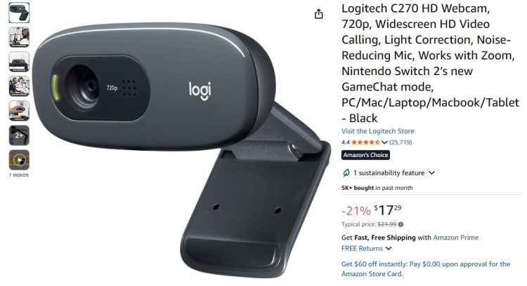 Logitech C270 HD webcam shown with clip mount and 720p resolution, a reliable webcam choice for video calls, online meetings, and beginner podcast setups.