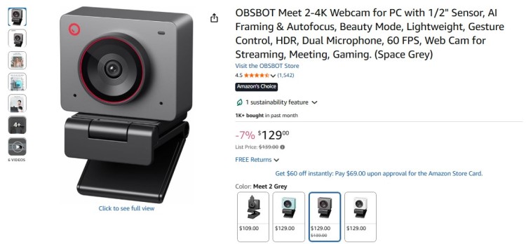 OBSBOT Meet 2 4K webcam with AI framing and autofocus displayed on a product page, designed for high-quality streaming and recording for podcasts, meetings, and content creation.