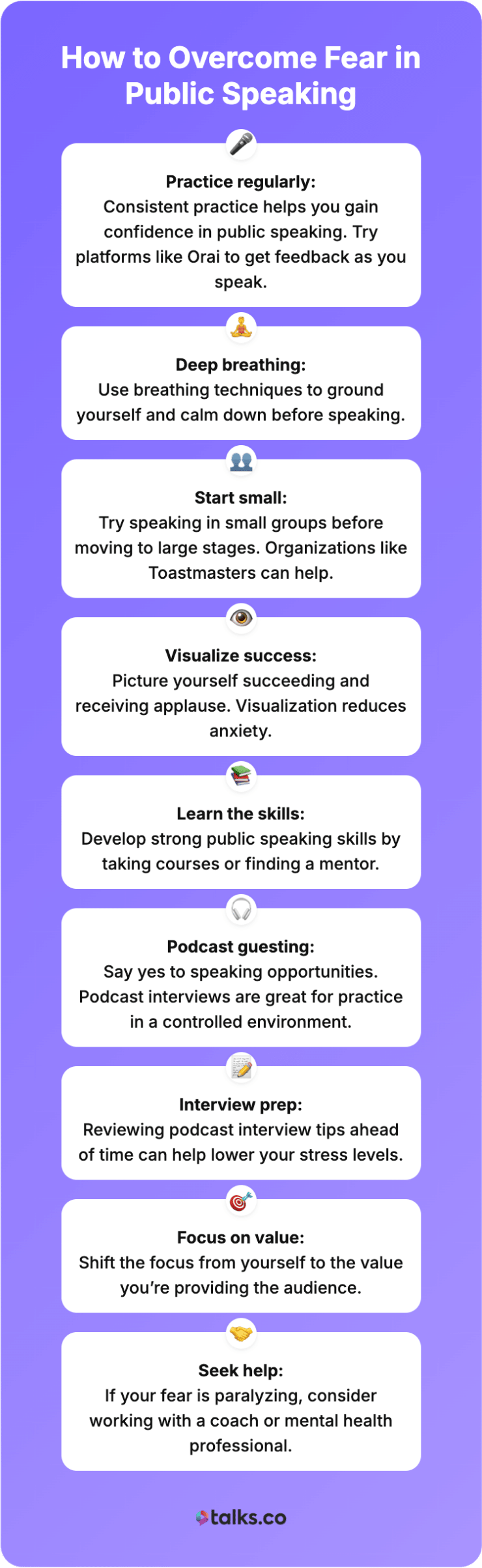 Overcome public speaking anxiety with practical tips like breathing techniques, practice, visualization, and podcast guesting.