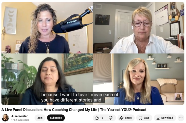 Introduction moment of a live panel discussion on a coaching podcast, showing four speakers sharing personal stories and insights.