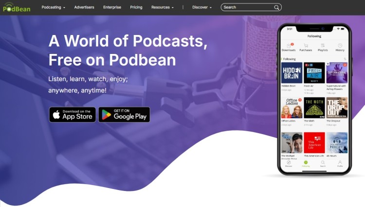 Podbean podcast app interface showing how podcasters share and distribute shows for listeners to discover and enjoy on mobile devices.