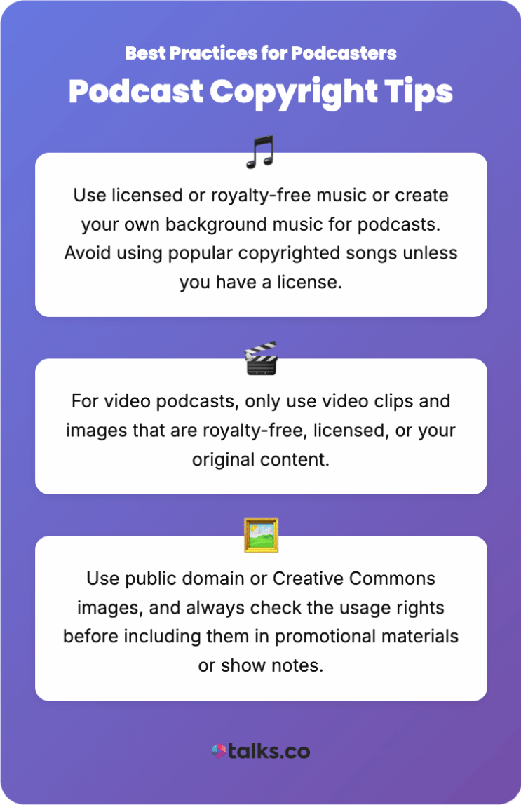 Podcast copyright tips that help podcasters avoid legal issues when using music, video clips, and images
