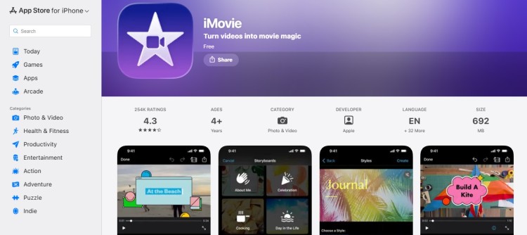 iMovie app listing on the Apple App Store shown as podcast editing and recording software for creating and editing audio and video content.
