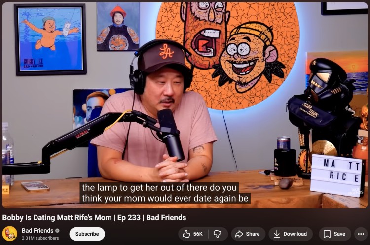 Podcast host discussing funny questions during a comedy podcast episode that sparks laughter and casual conversation.