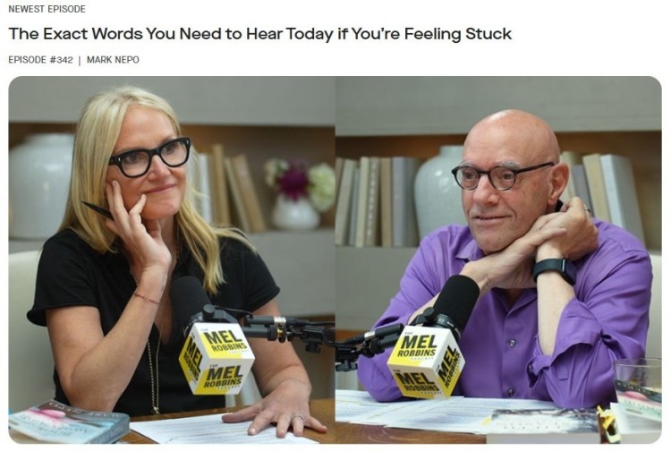 Podcast interview format showing a host and guest in an in-studio conversation, seated at microphones during a recorded podcast episode.