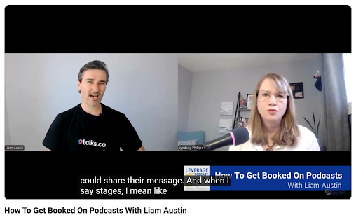 Podcast interview showing host and the guest discussing how to get booked on podcasts during a live video conversation