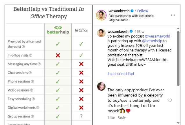Podcast marketing example showing a sponsored Instagram post and comparison chart used to promote an online therapy service through influencer and podcast partnerships.