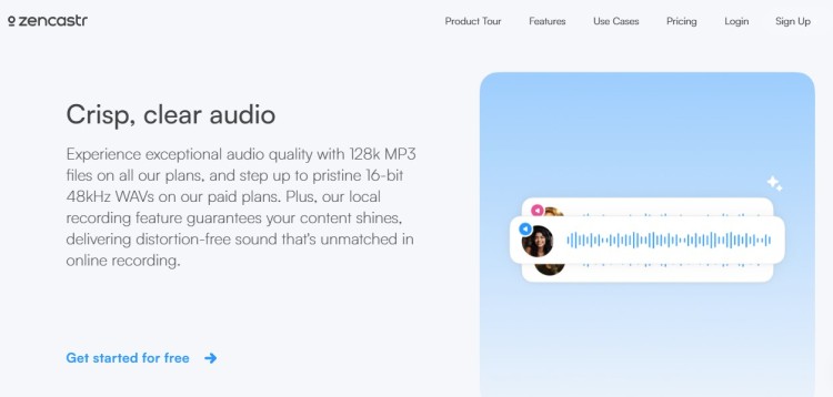 Podcast software interface highlighting crisp, clear audio quality with local recording, high-resolution WAV files, and online podcast recording features.