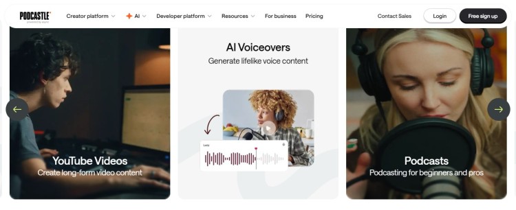 Dashboard showing software to record and edit podcasts with AI voiceovers, video creation, and audio recording tools