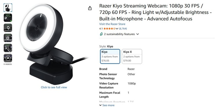 Razer Kiyo streaming webcam with built-in ring light and 1080p video capture, showing product details, autofocus, and microphone features.