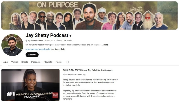 Jay Shetty Podcast YouTube channel showing a recorded video podcast with high-profile guest interviews.