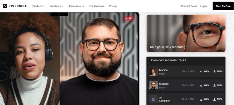 Recording a podcast online using a remote interview platform, showing two speakers on video with separate audio and video track downloads.