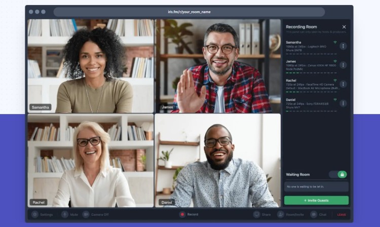 Remote podcast interview setup showing four participants using recording apps like Iris for high-quality video and audio recording.