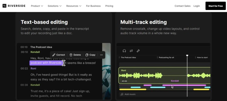 Riverside interface showing text-based and multitrack features as best podcast recording and editing software for remote interviews.