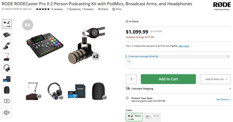 RODECaster Pro II podcasting kit with microphones, headphones, and additional equipment for a complete studio setup.