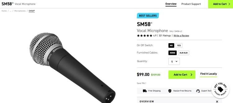 Shure SM58 vocal microphone shown on the official product page, featuring the classic grille and handheld design used for live vocals.