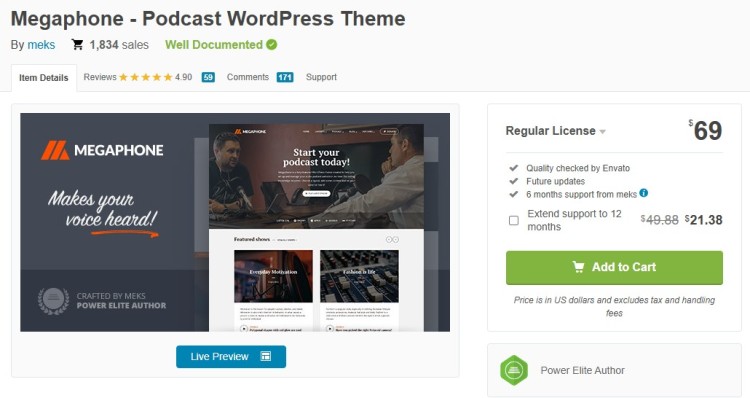 Sleek podcast WordPress theme Megaphone preview showing a modern homepage layout designed for podcast creators.