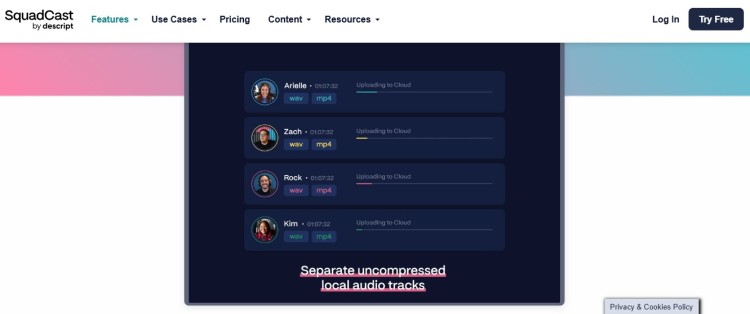 Podcast recording dashboard showing software that helps capture separate uncompressed local audio tracks for each participant.