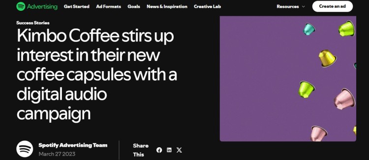 Sponsorship ads example showing a Spotify digital audio campaign promoting Kimbo Coffee capsules