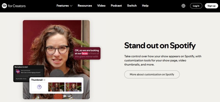 Spotify podcast customization dashboard showing how creators can manage thumbnails, video clips, and visibility on Spotify.