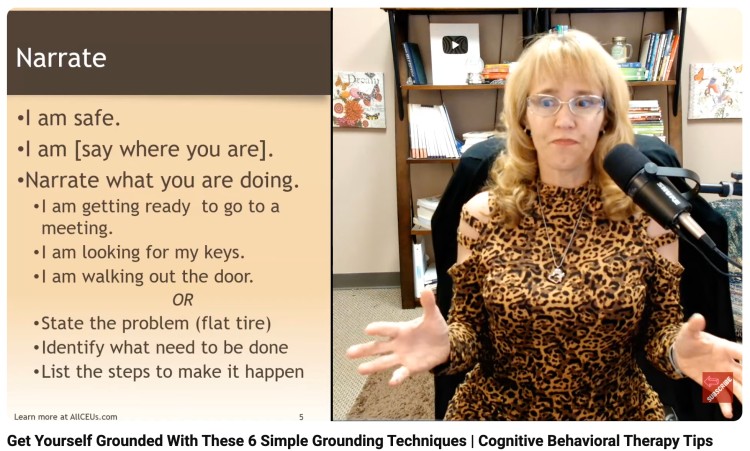 Therapist explaining grounding techniques used for treating anxiety disorders and phobias during a cognitive behavioral therapy session.