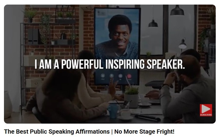 Trends in public speaking shown through confidence affirmations, with a speaker presenting virtually to an engaged audience.