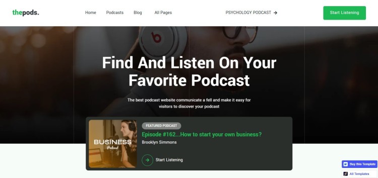 Homepage of a podcast discovery website designed to help users find and listen to various podcast shows across different topics and genres.
