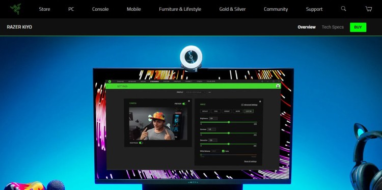 Razer Kiyo webcam mounted on a monitor as part of a video equipment setup for recording and live streaming.