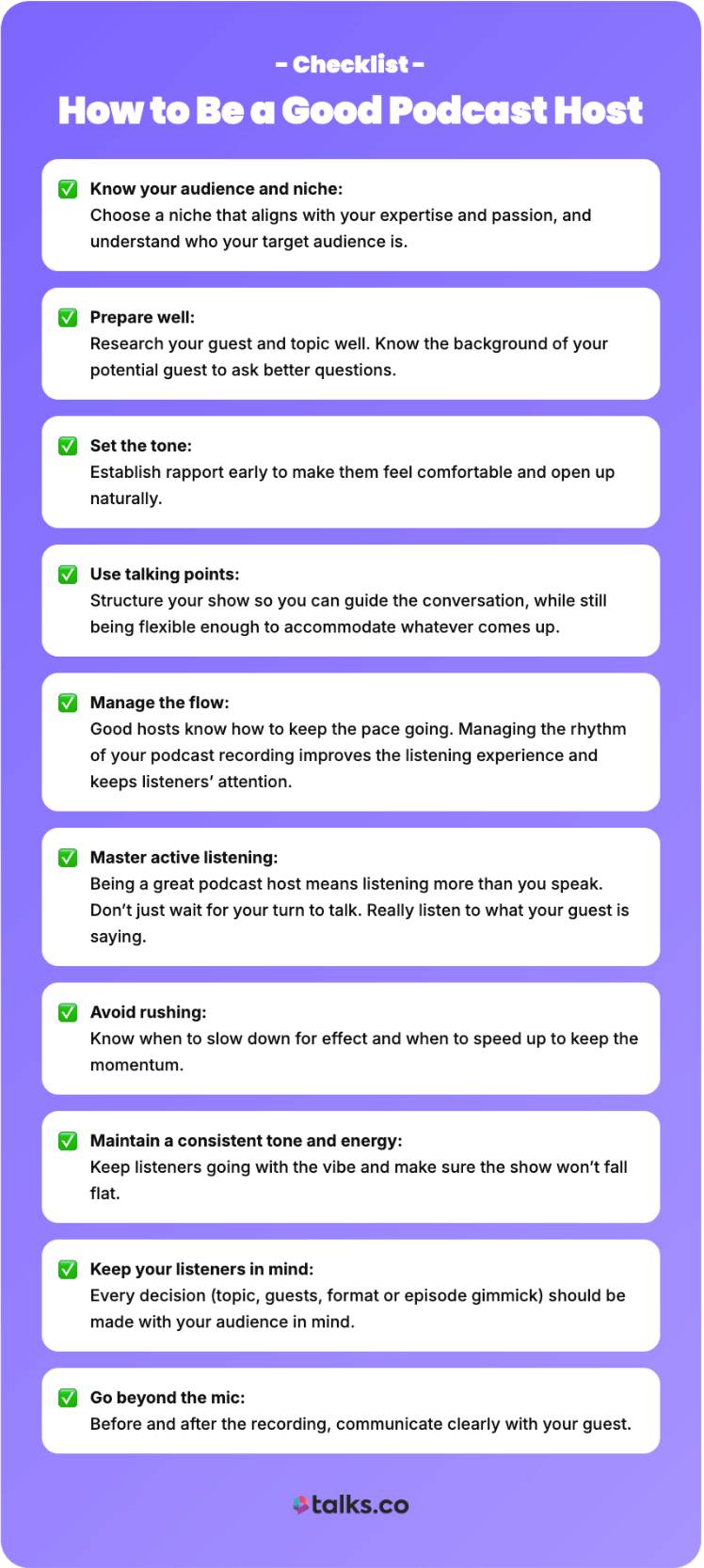 Podcast host must follow this checklist to prepare, manage conversations, and deliver a great listening experience