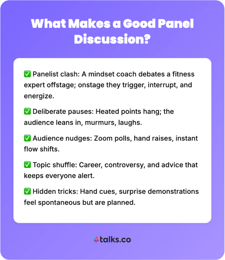 Checklist graphic explaining what makes a good panel event, including panelist clash, deliberate pauses, audience interaction, topic shifts, and planned surprises.