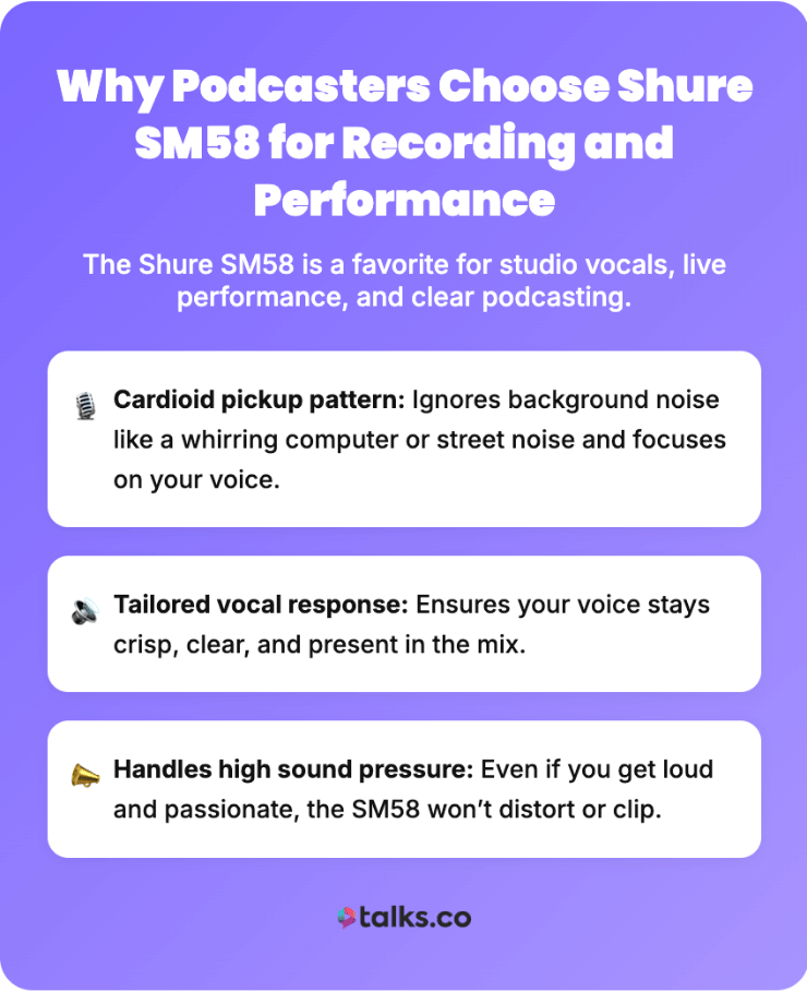 Graphic explaining why podcasters choose the Shure SM58 microphone for clear recording and reliable vocal performance in studio and live settings.
