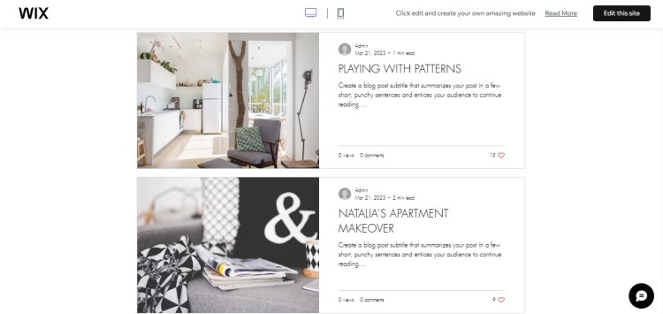 Wix blog layout showing a clean content feed and visuals used as a website to help creators publish and organize posts.