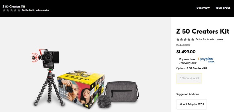 Z 50 Creators podcasting kit featuring a camera, tripod, microphone, accessories, and carrying case designed for video and podcast creation.