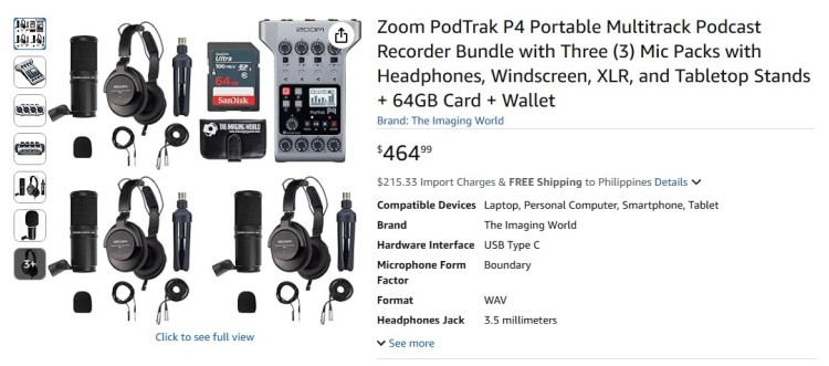 Zoom PodTrak P4 podcasting equipment bundle with microphones, headphones, recorder, SD card, and accessories for multitrack podcast recording.