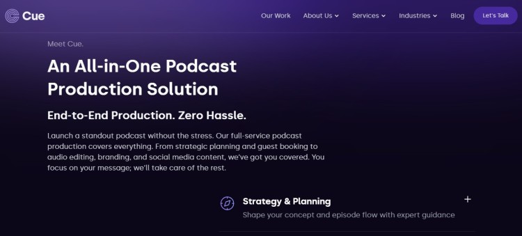 Website banner promoting an all-in-one podcast solution offering end-to-end services for quality production, including strategy, planning, editing, and branding.