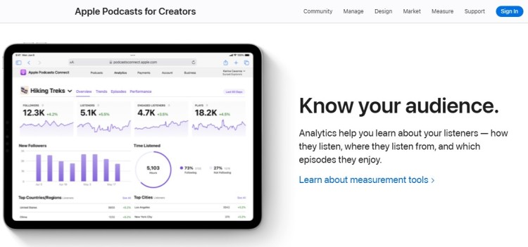 Screenshot of Apple Podcasts analytics dashboard showing listener metrics and data available to creators, including downloads, followers, and listening behavior.