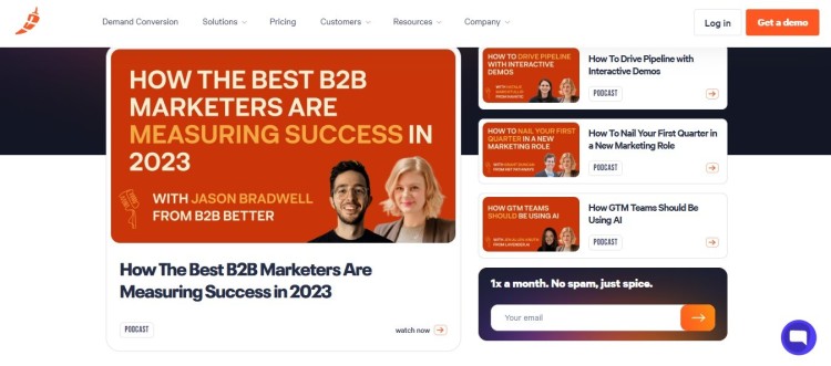 B2B podcast content hub showing how a page is a great way to feature episodes, demos, and email signup in one place