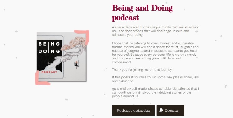 Being and Doing podcast artwork and description showing how a landing page provides context, episodes, and support options for listeners