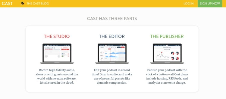 Cast podcast platform overview showing studio, editor, and publisher tools as software for your needs in recording and publishing