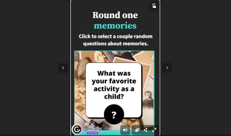Interactive card prompt asking users to choose random memory questions, featuring a question about favorite childhood activities.