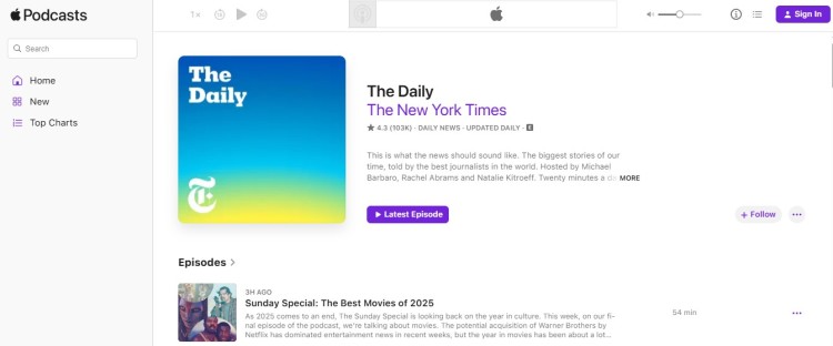 Daily news podcast listing focused on current affairs with episodes covering recent events and analysis.