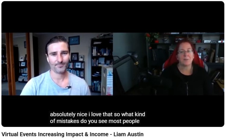 Liam Austin in a split-screen virtual interview discussing virtual events, creating a dynamic and engaging online conversation with the host.